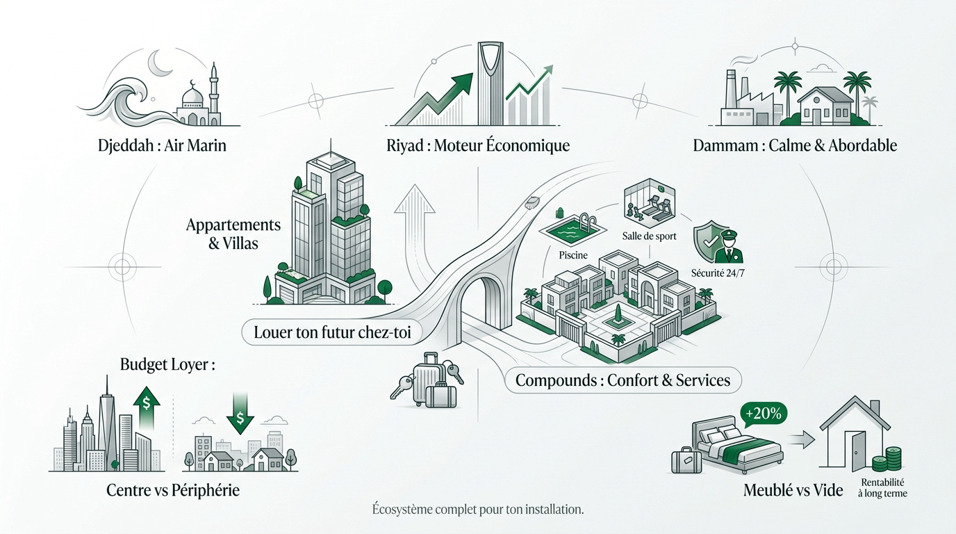 Infographie des tarifs de location immobilière en Arabie saoudite par ville et type de logement