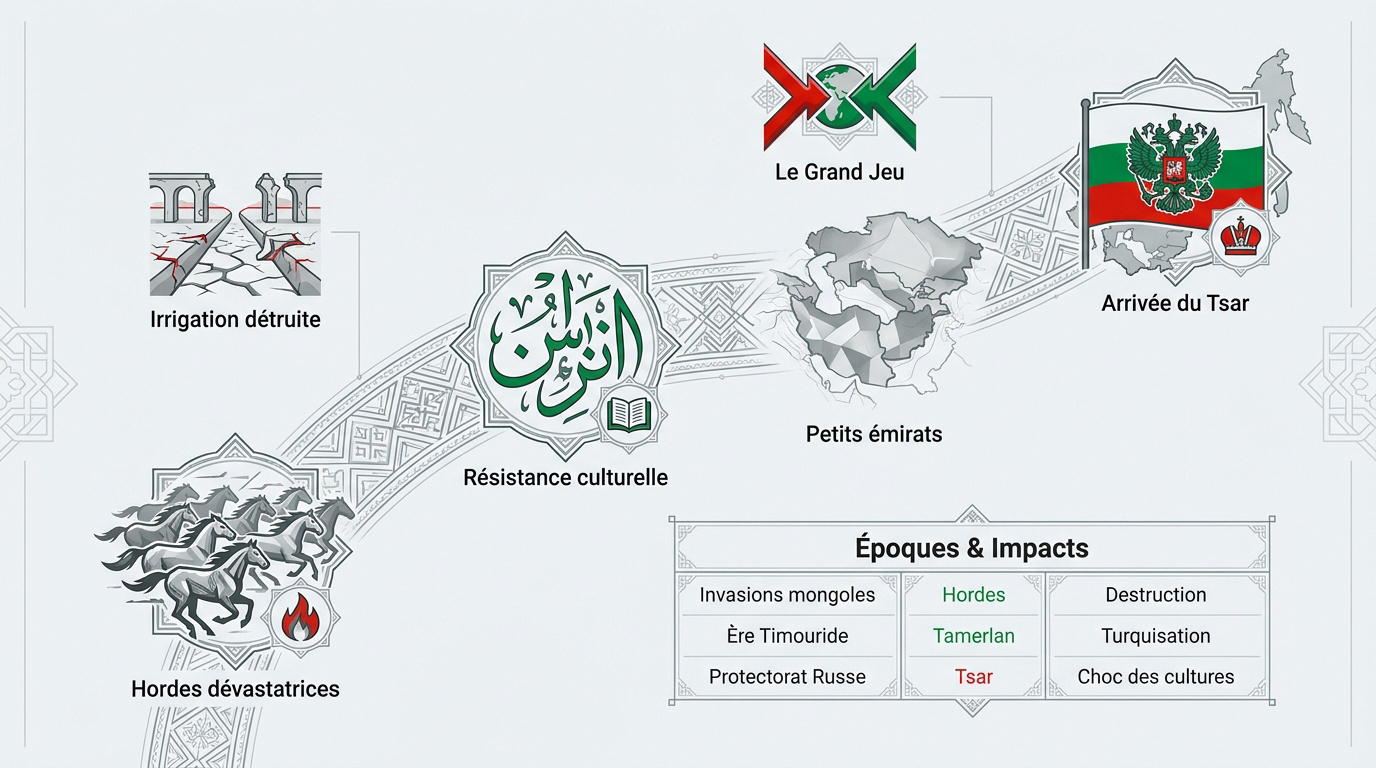 Infographie historique des invasions mongoles et de l'avancée russe au Tadjikistan