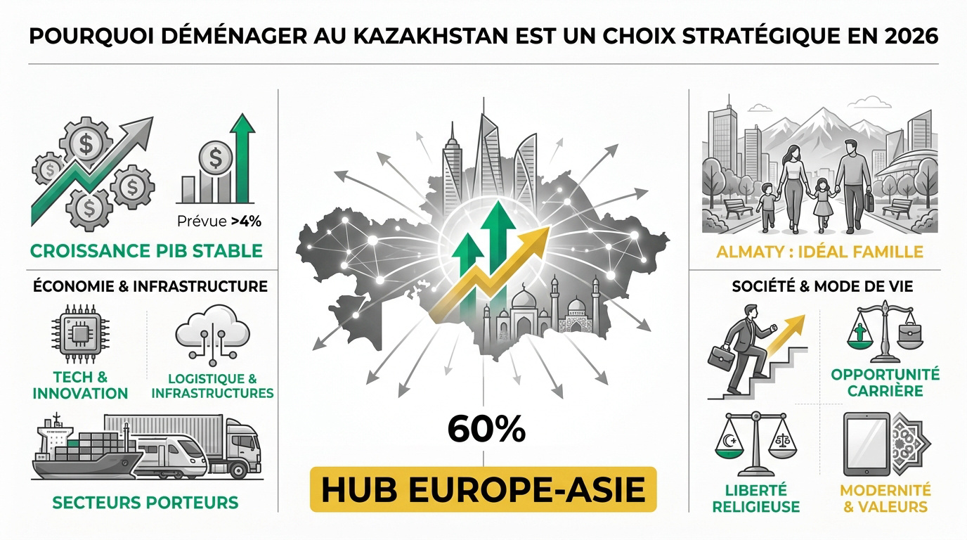 Vue moderne d'Almaty au Kazakhstan illustrant le dynamisme économique pour une expatriation en 2026