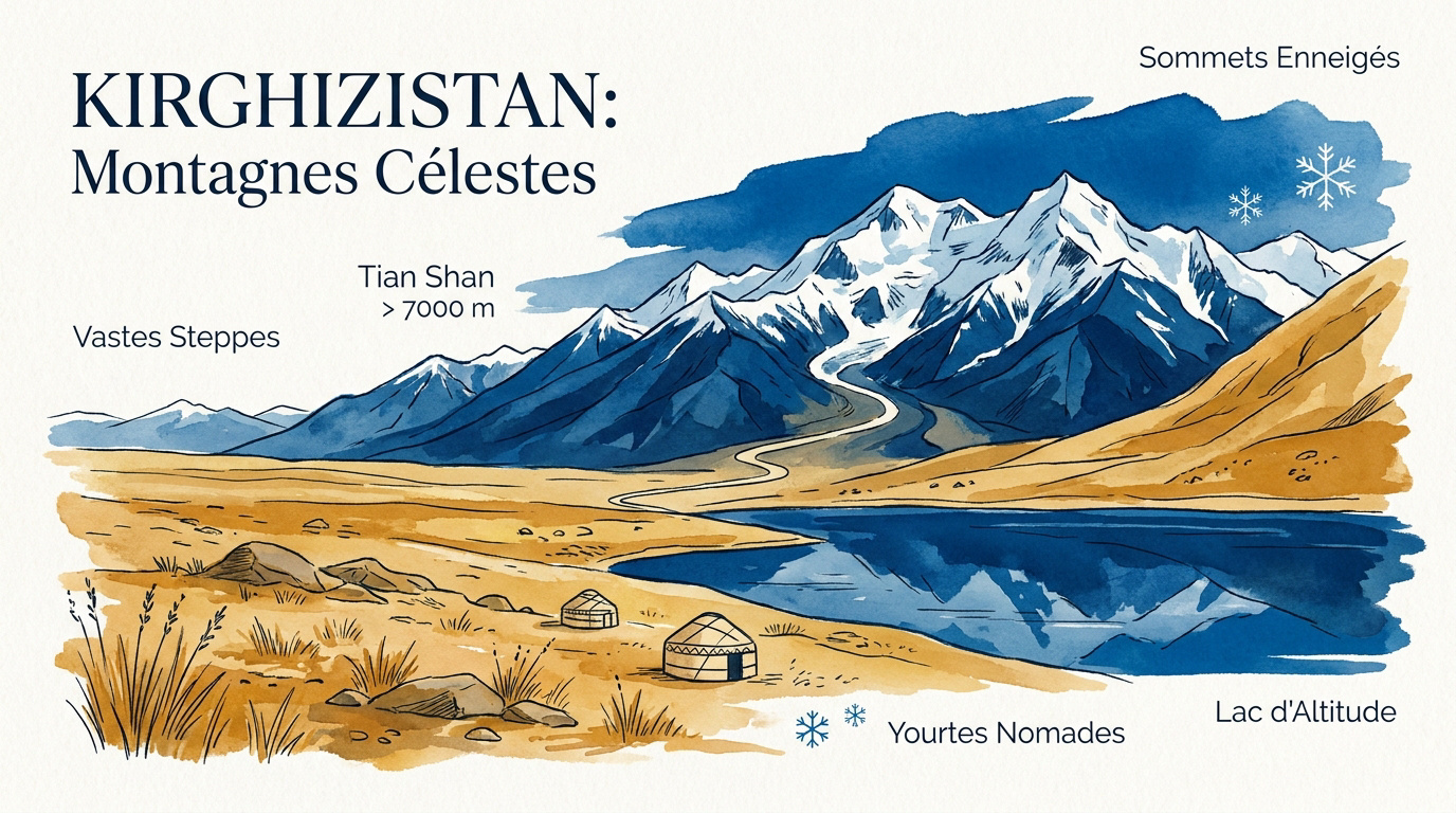 Paysage montagneux du Tian Shan et steppes au Kirghizistan