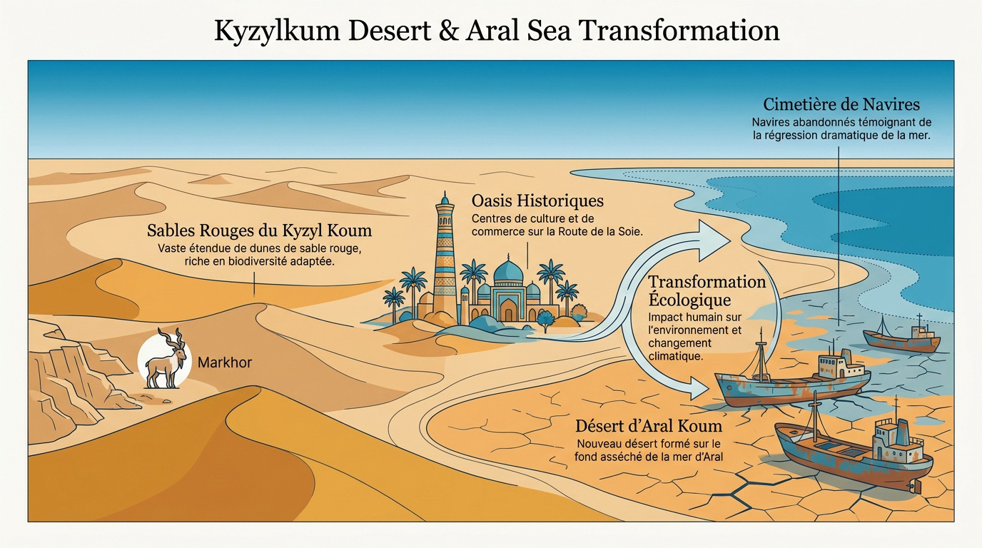 Paysage désertique du Kyzyl Koum et vestiges de la mer d'Aral en Ouzbékistan