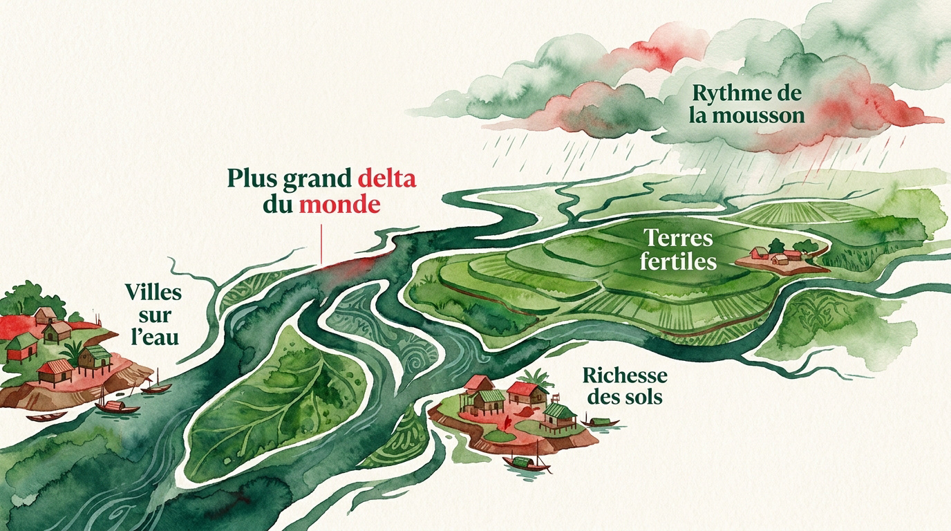 Vue aérienne du delta du Bengale montrant les plaines fertiles et les réseaux fluviaux du Bangladesh