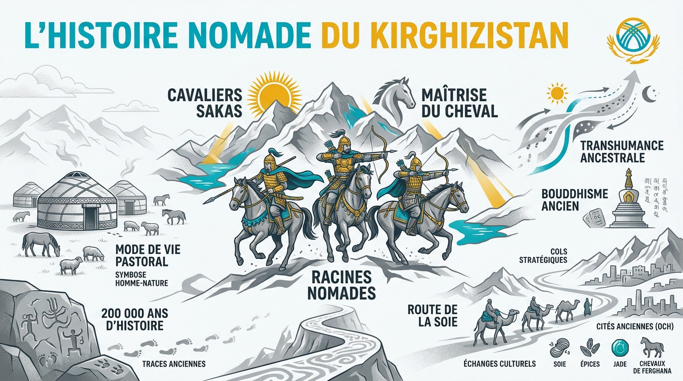 Cavaliers nomades kirghizes dans les montagnes du Tian Shan