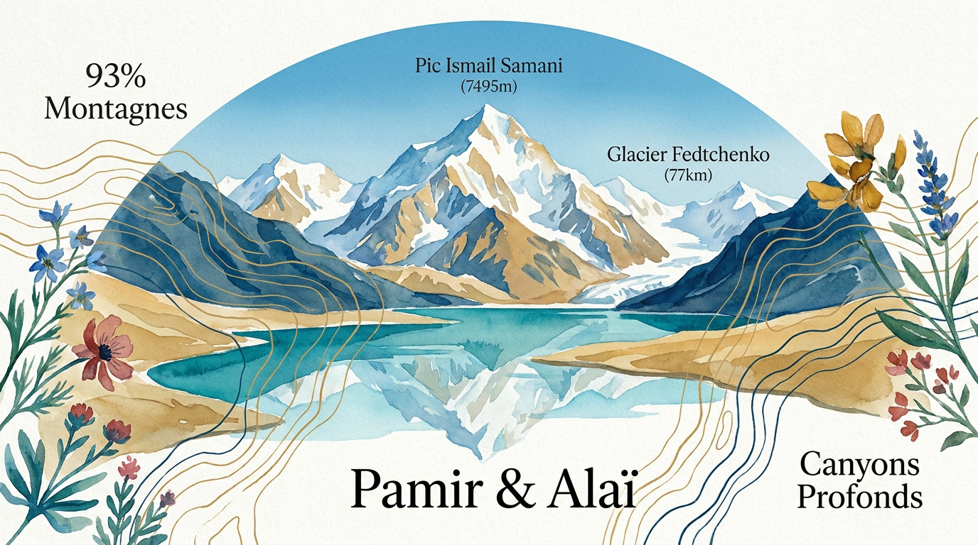 Sommets enneigés et glaciers massifs des chaînes du Pamir et de l'Alaï au Tadjikistan