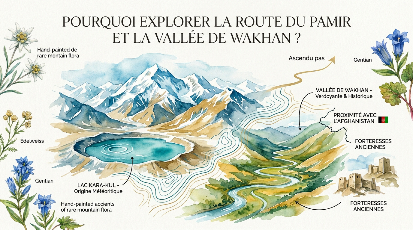 Paysages montagneux arides et route sinueuse dans le Pamir au Tadjikistan