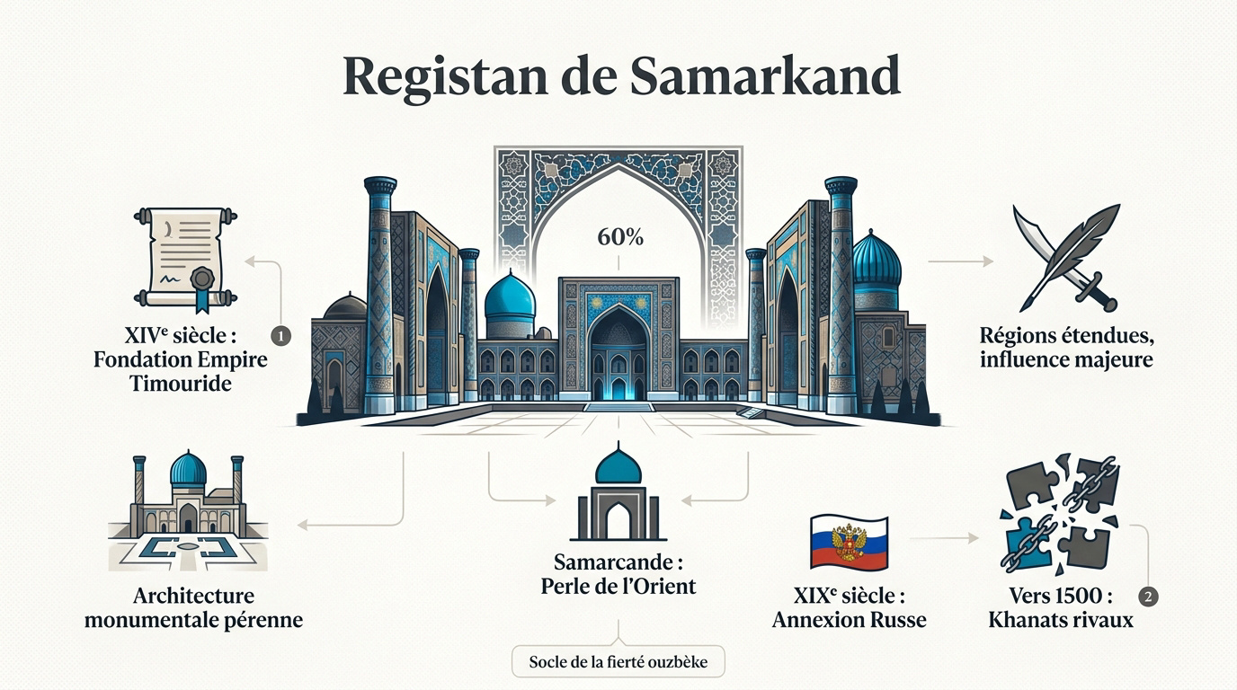 Place du Registan à Samarcande avec ses madrasas monumentales sous le ciel bleu