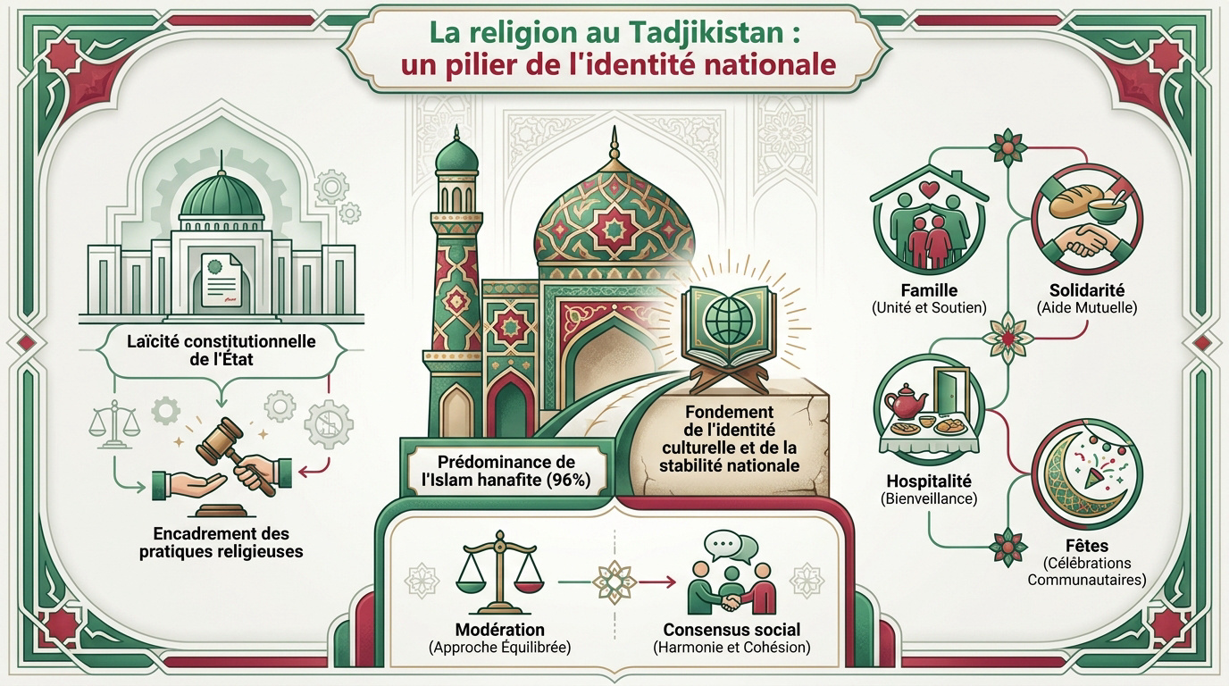 Mosquée traditionnelle et paysage du Tadjikistan illustrant l'identité islamique hanafite