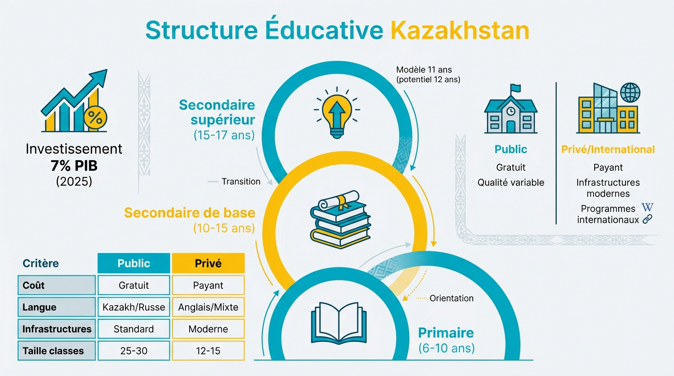 Schéma du système éducatif au Kazakhstan incluant les cycles primaire et secondaire