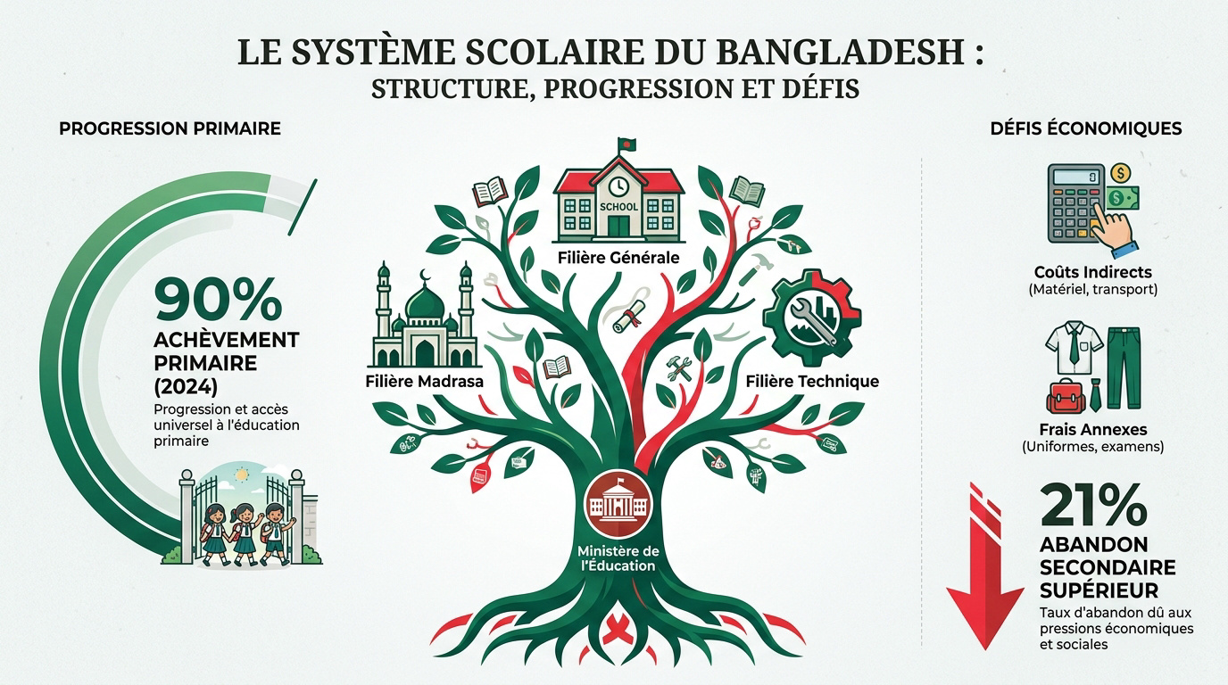 Structure du système scolaire au Bangladesh et élèves en classe
