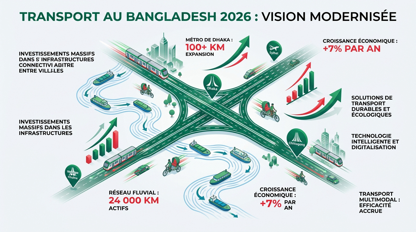 Vue moderne des infrastructures de transport au Bangladesh en 2026 avec ponts et trafic fluide
