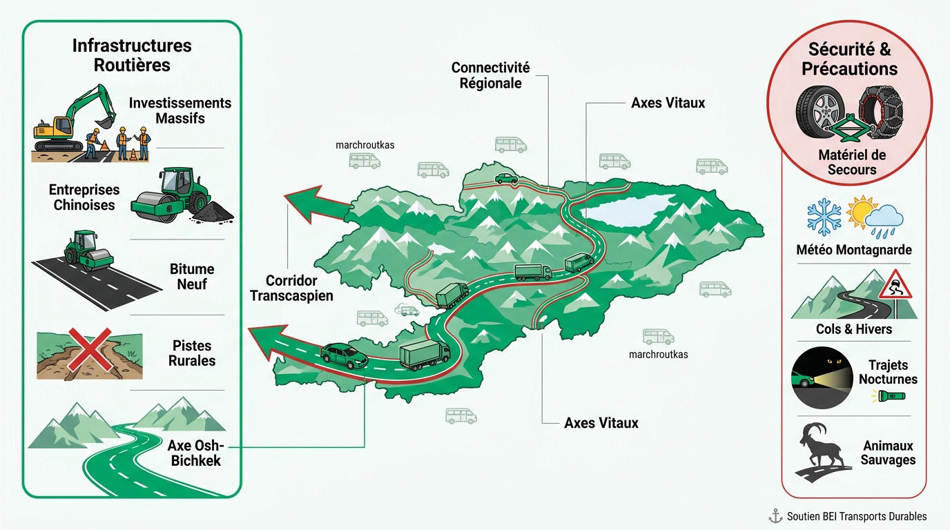 Véhicules circulant sur une route moderne au Kirghizistan entourée de montagnes