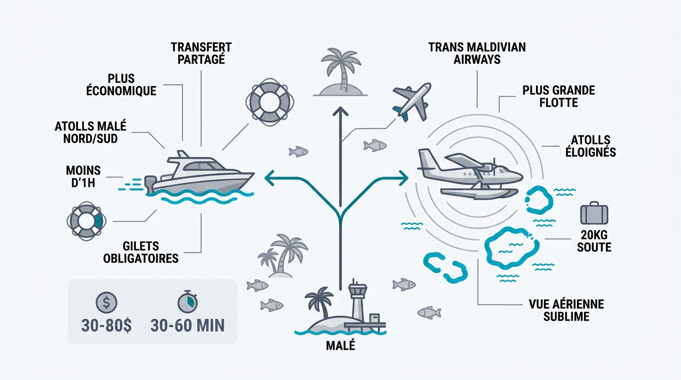 Bateau rapide et hydravion aux Maldives