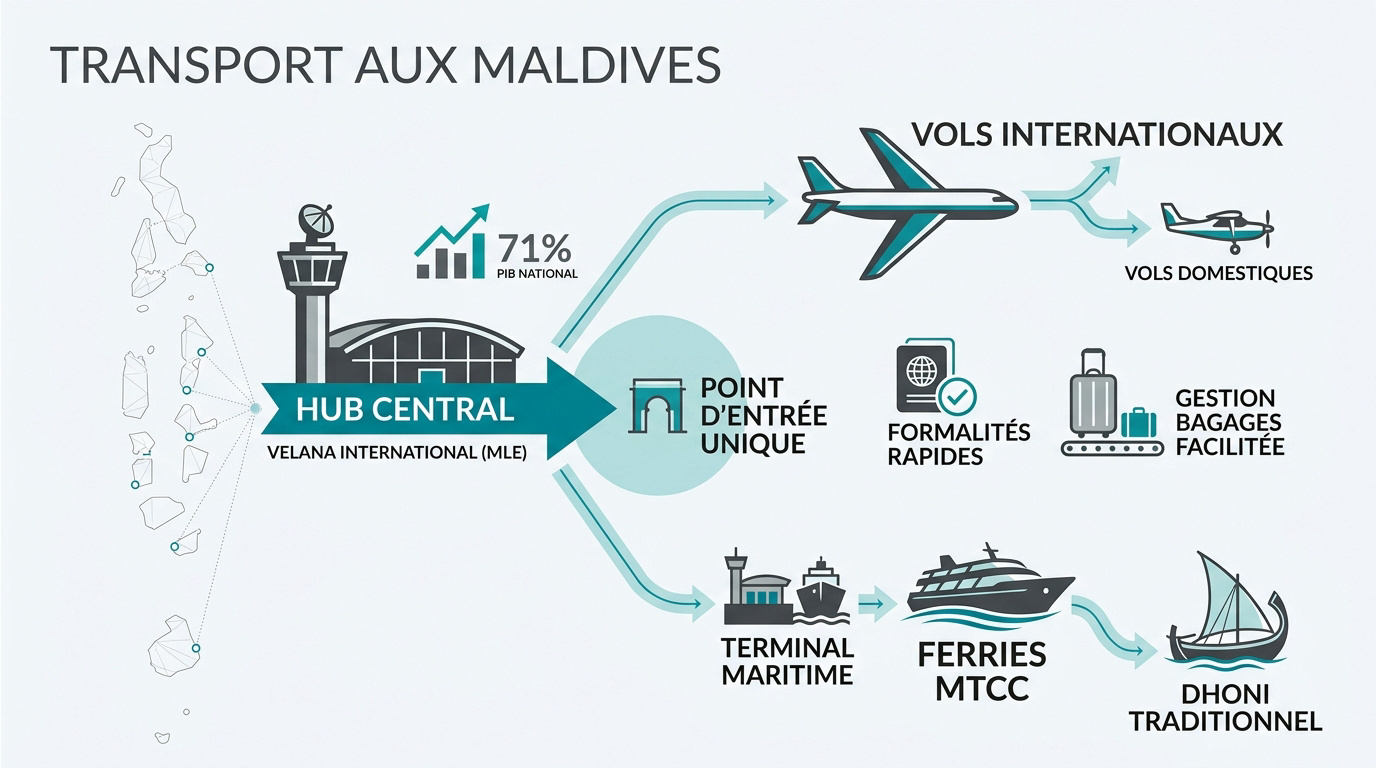 Vue aérienne de l'aéroport de Velana et des réseaux de transport aux Maldives