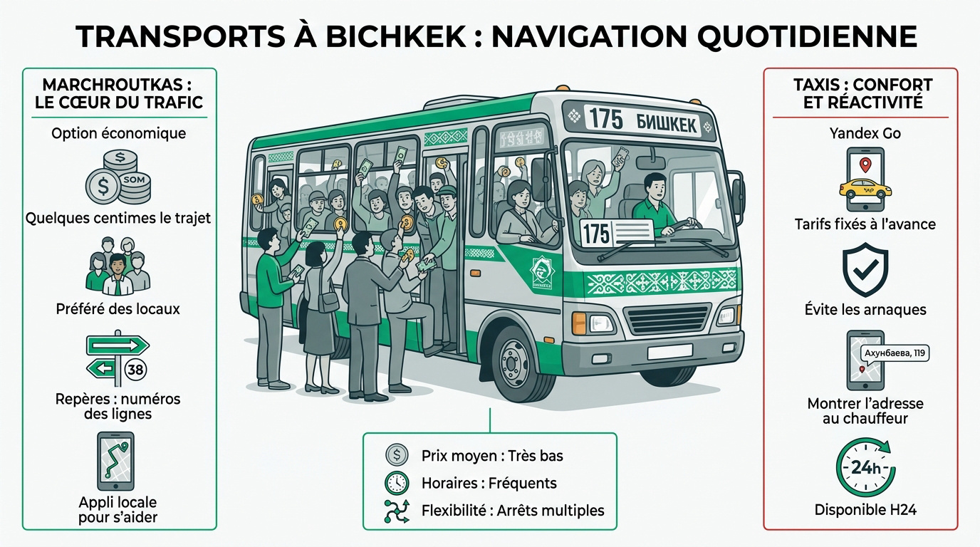 Minibus marchroutkas et taxis dans les rues de Bichkek au Kirghizistan