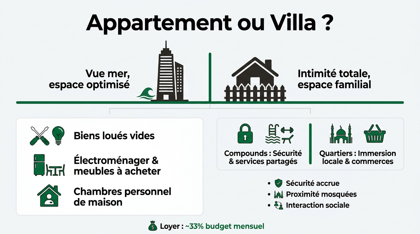 Comparaison entre un appartement moderne et une villa traditionnelle au Koweït pour expatriés