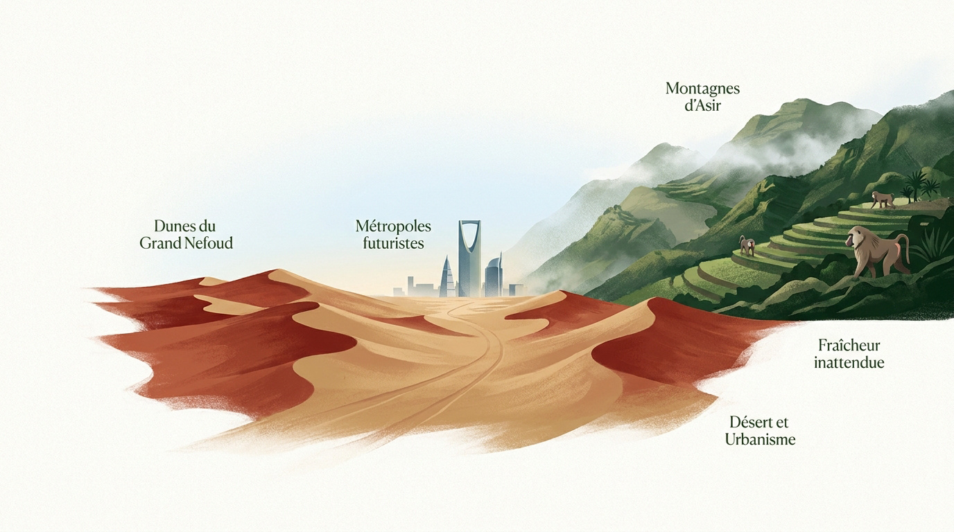 Contraste entre le désert du Grand Nefoud et les montagnes verdoyantes d'Asir en Arabie saoudite