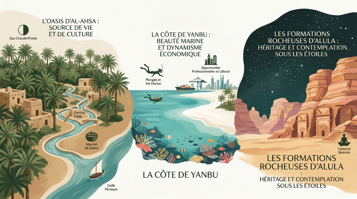 Oasis luxuriante, côte de la mer Rouge et formations rocheuses du désert en Arabie saoudite