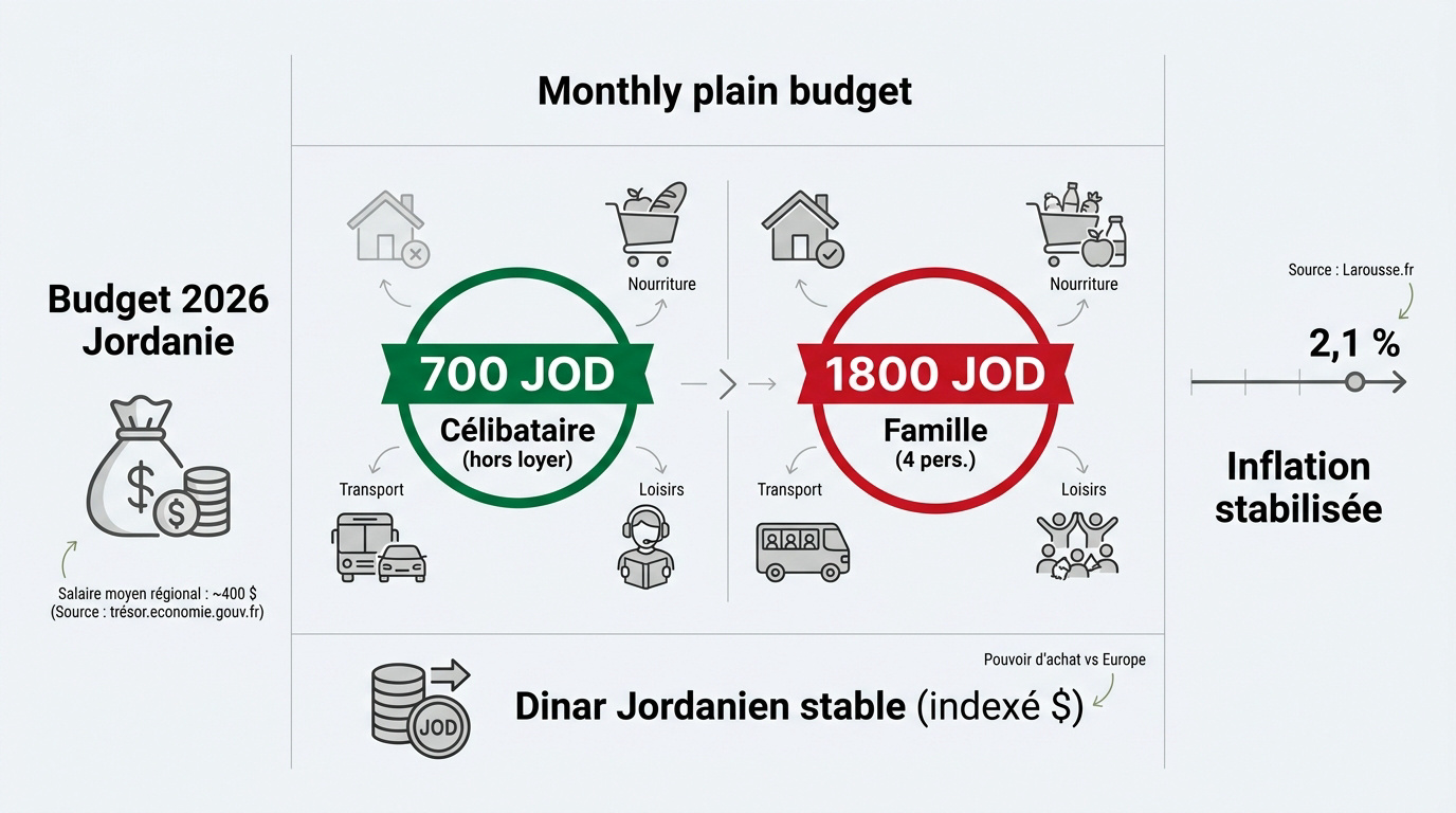 Comparaison du budget mensuel en Jordanie 2026 entre un célibataire et une famille