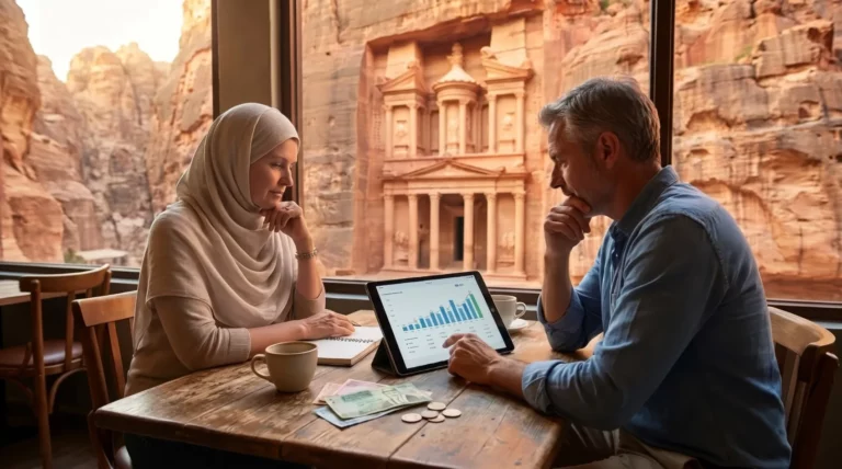 couple dans un café entrain de calculer son budget cout de la vie en Jordanie