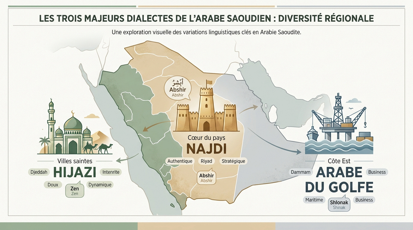 Carte des dialectes arabes en Arabie saoudite mettant en avant le Najdi, le Hijazi et le Khaliji