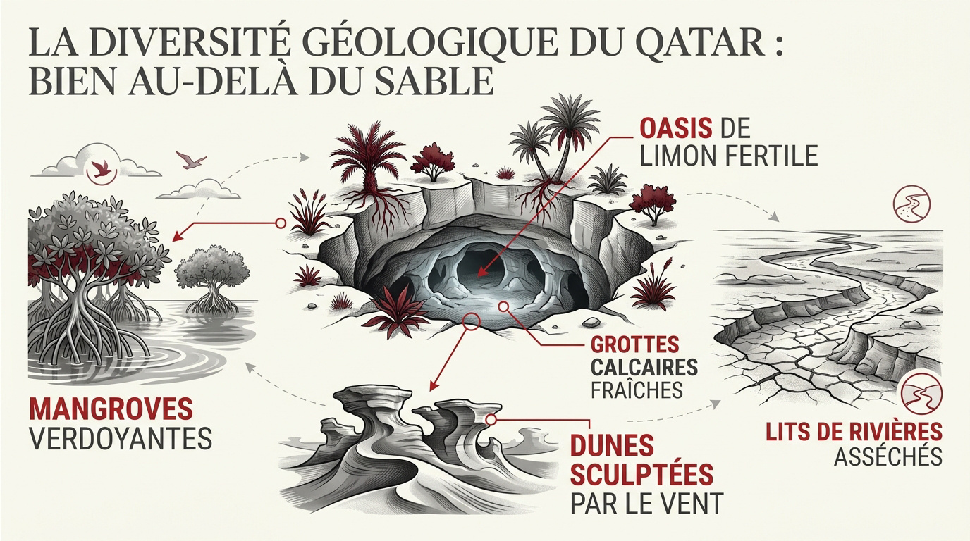 Panorama des formations rocheuses et des dunes de sable au Qatar