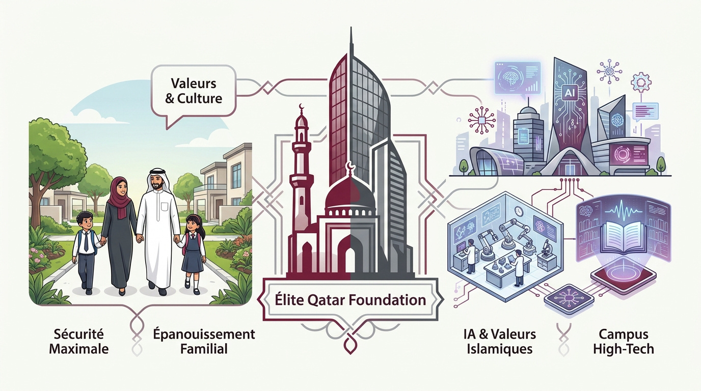 Étudiants sur le campus moderne de la Qatar Foundation intégrant tradition et technologie