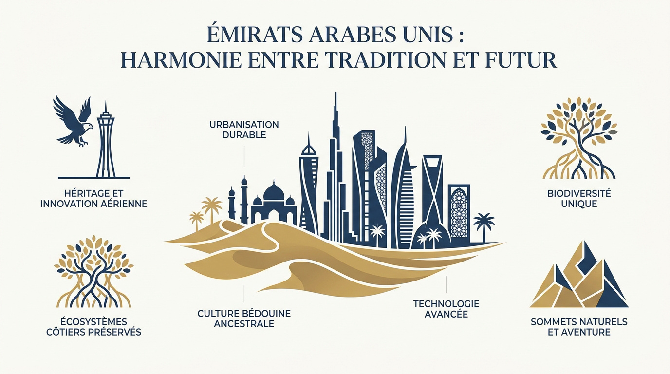 Contraste entre l'architecture moderne et le désert traditionnel aux Émirats arabes unis