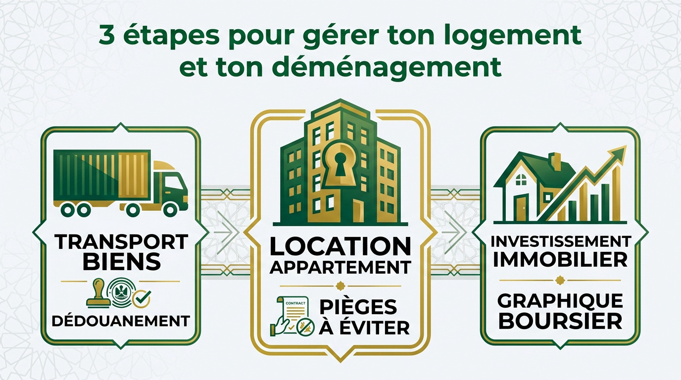 Famille musulmane expatriée devant son nouveau logement aux Émirats arabes unis