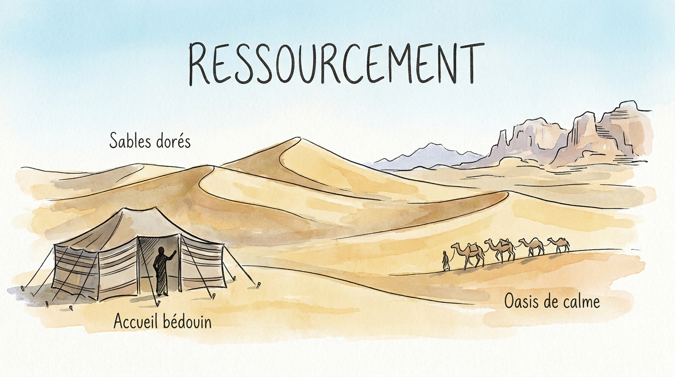 Illustration d'un bivouac serein dans le désert d'Oman au coucher du soleil