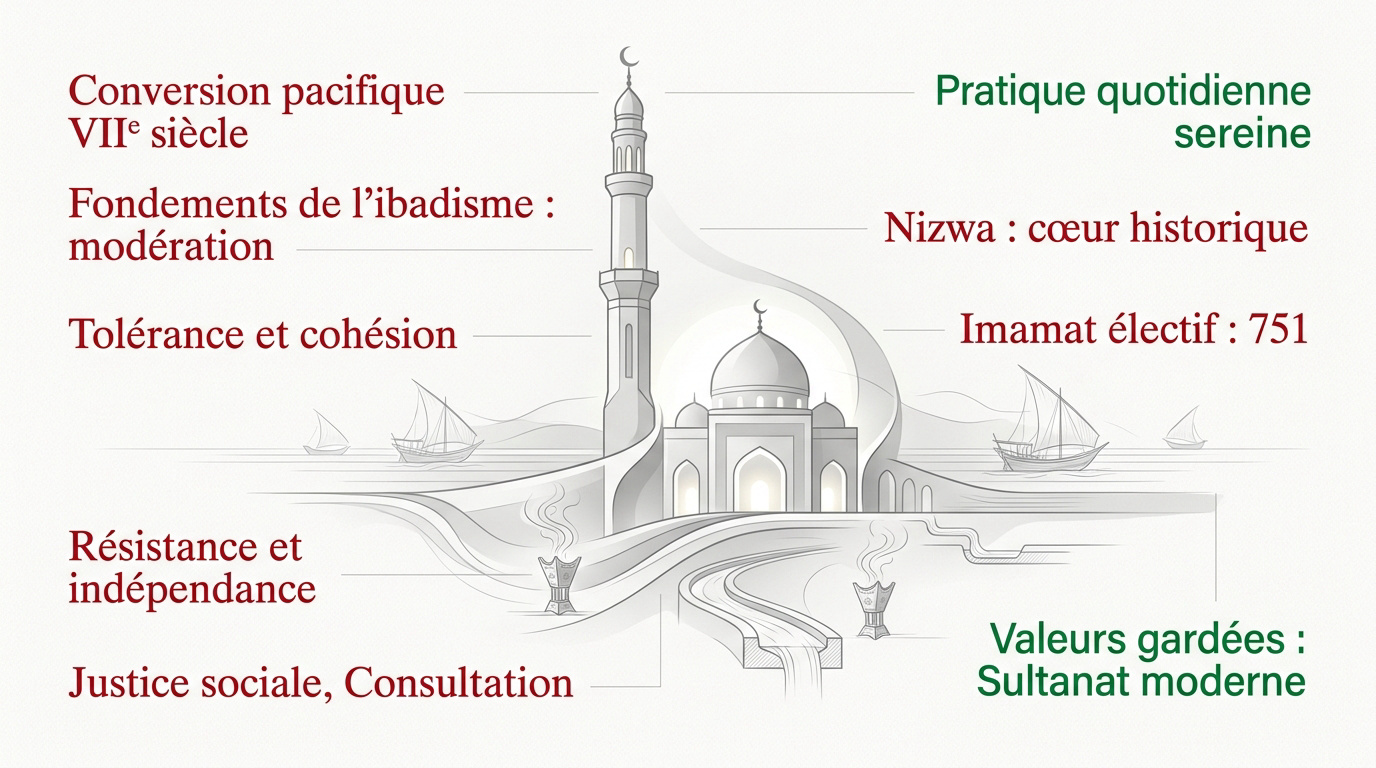 Infographie sur les valeurs de l'ibadisme à Oman : modération et consultation
