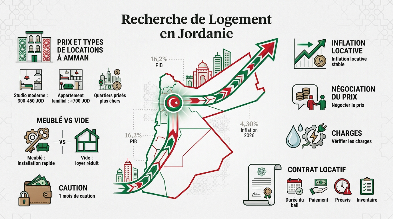 Infographie explicative pour trouver un logement en Jordanie incluant les prix moyens et les quartiers d'Amman