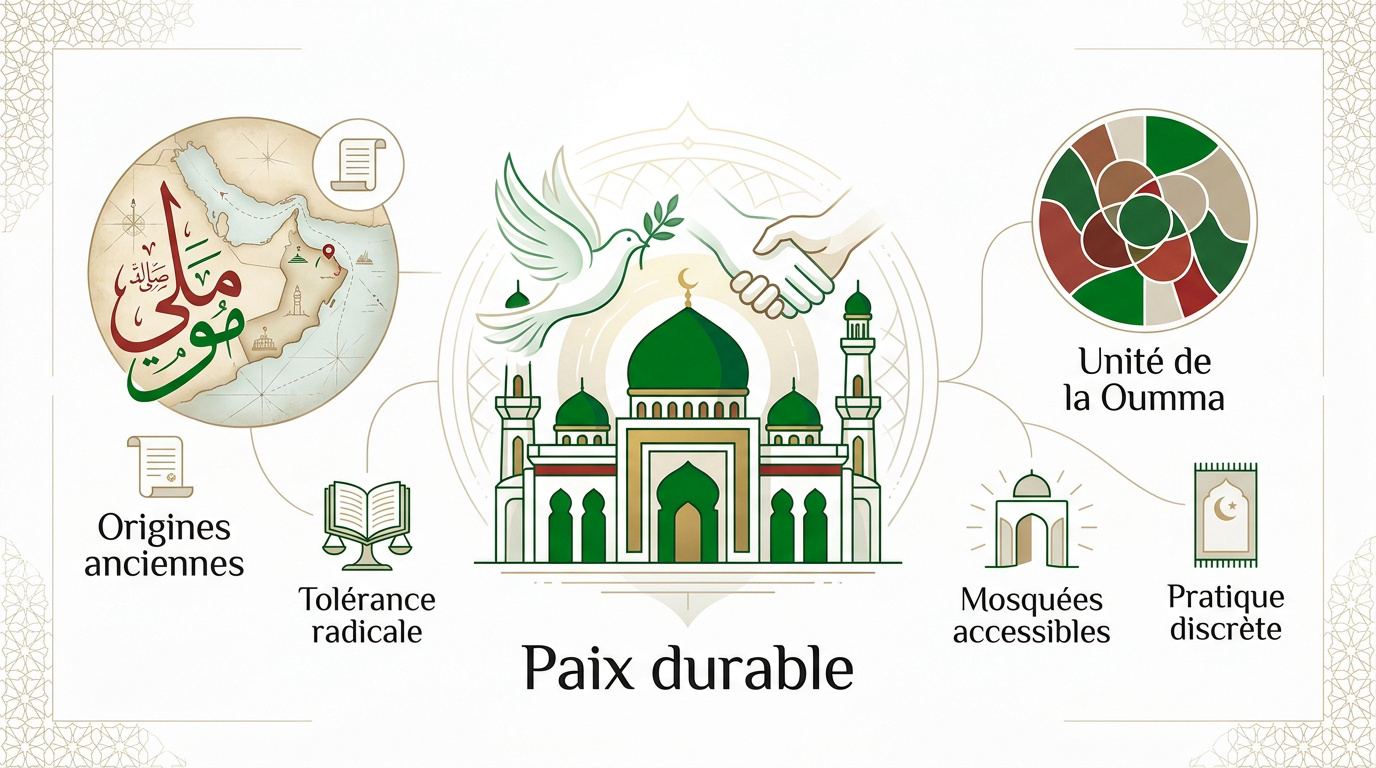 Infographie expliquant les valeurs de paix et d'unité de l'ibadisme à Oman