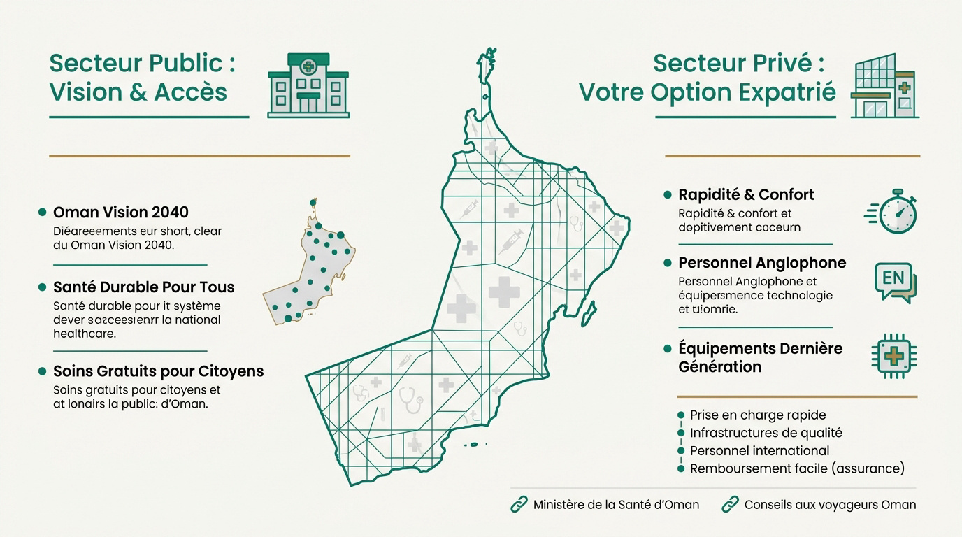 Infographie expliquant le fonctionnement du système de santé à Oman pour les expatriés