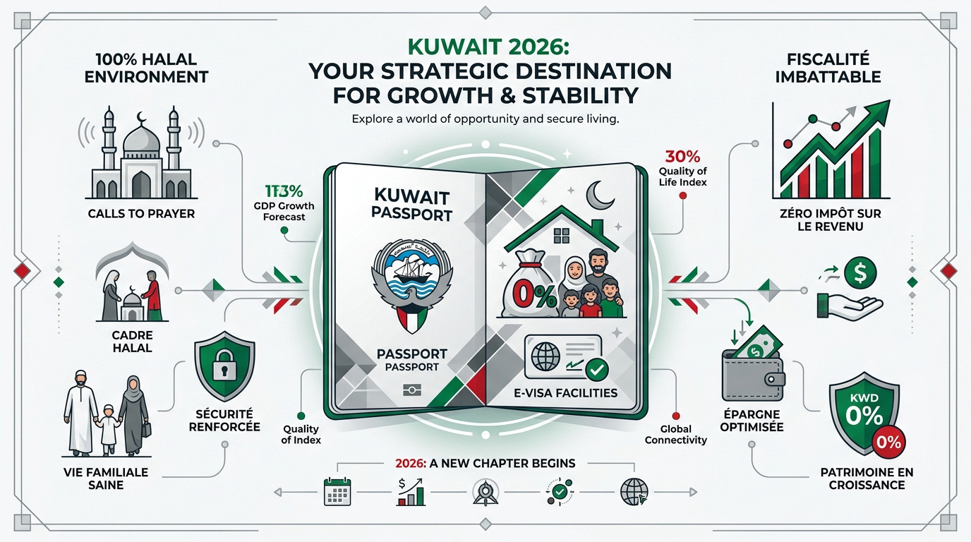 Vue moderne de Koweït City illustrant le dynamisme économique et le cadre de vie en 2026