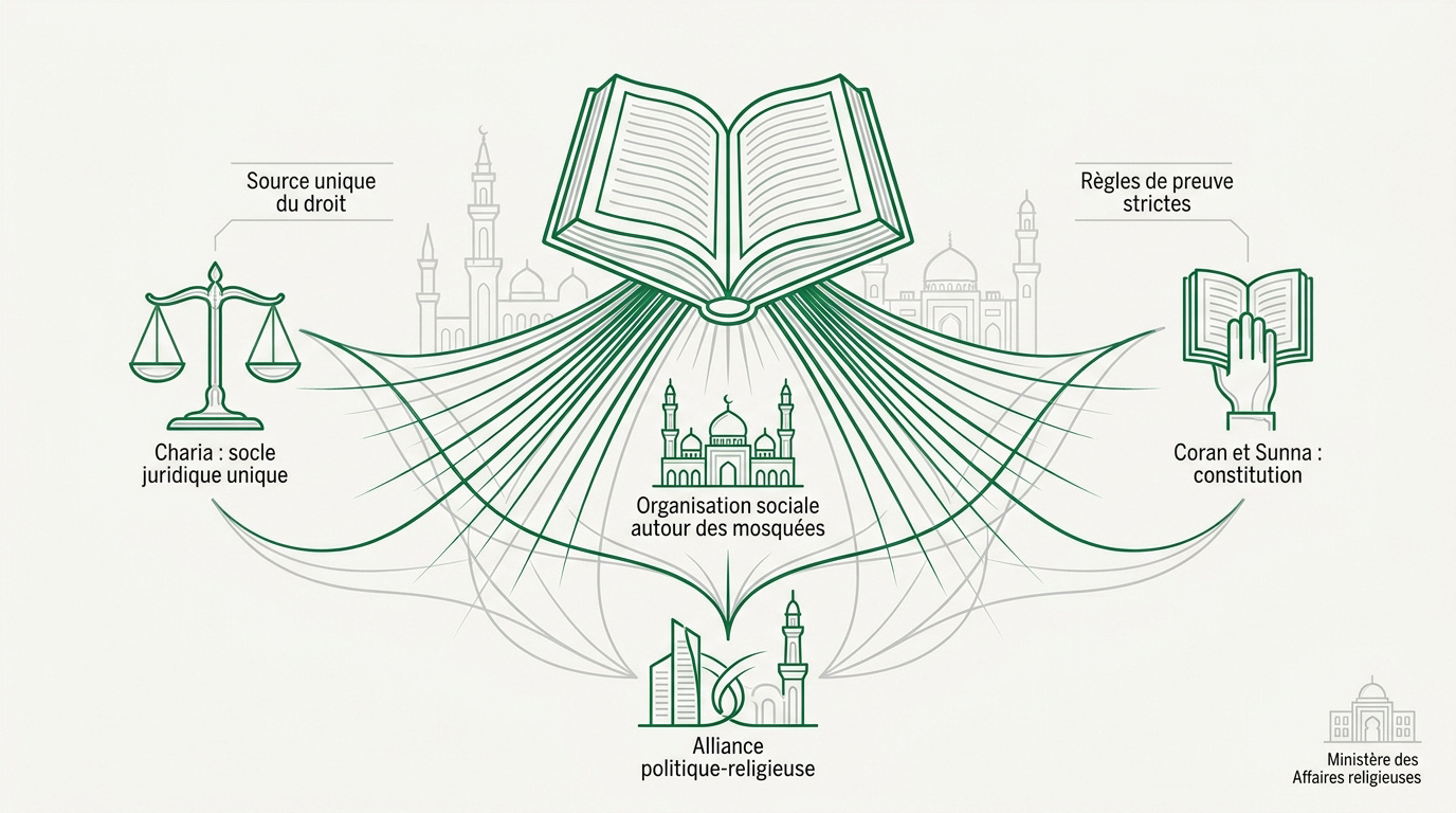 Mosquée majestueuse en Arabie saoudite illustrant l'organisation religieuse nationale