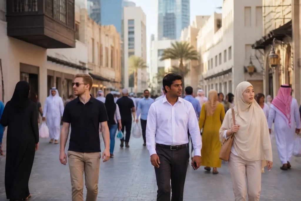Langue à Bahreïn promenade de touriste et locaux dans les rues marchandes