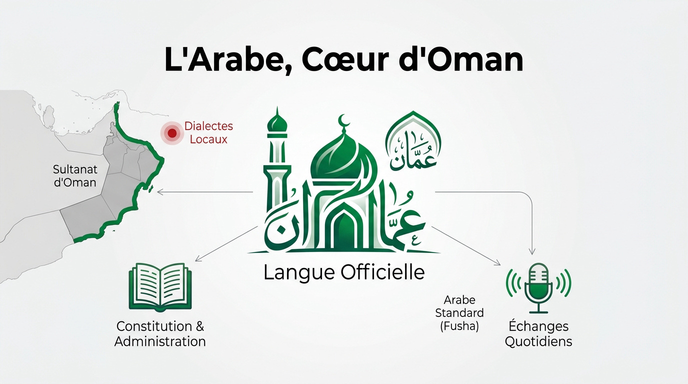 Calligraphie arabe et paysages d'Oman symbolisant l'identité linguistique du pays