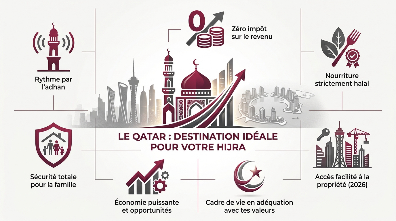 Famille musulmane épanouie devant la skyline de Doha au Qatar