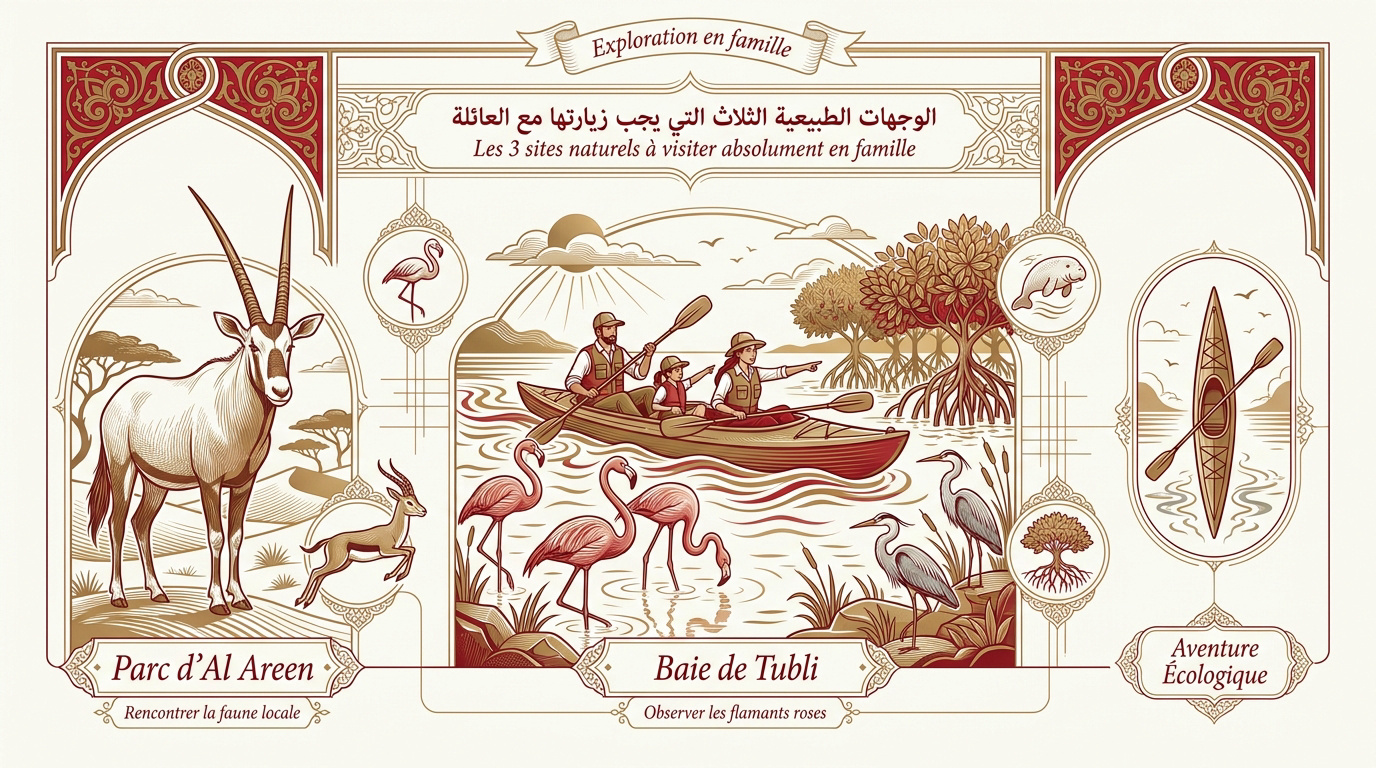 Famille observant les paysages naturels et les flamants roses à Bahreïn