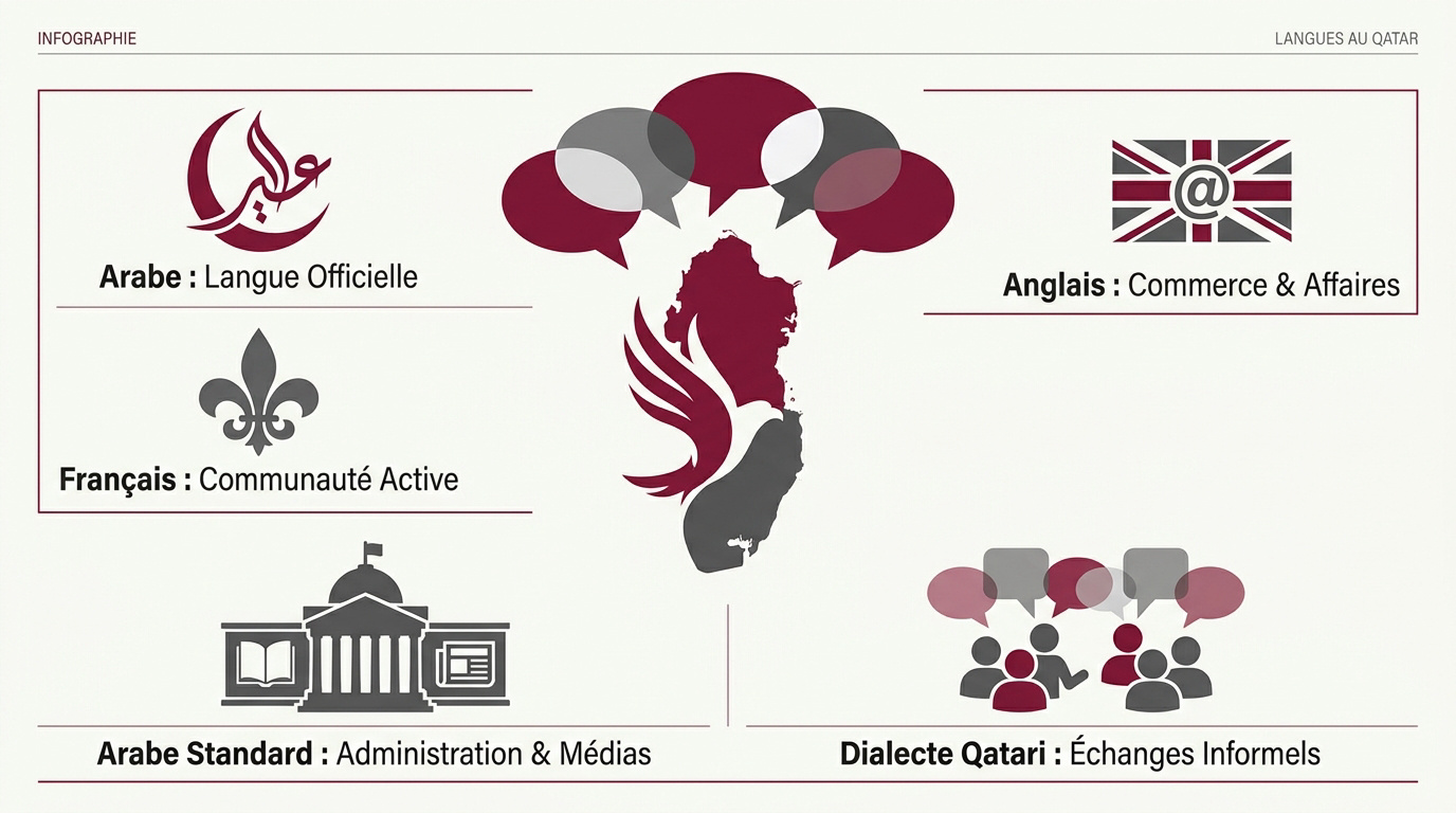 Infographie présentant la diversité linguistique et l'usage de l'arabe au Qatar