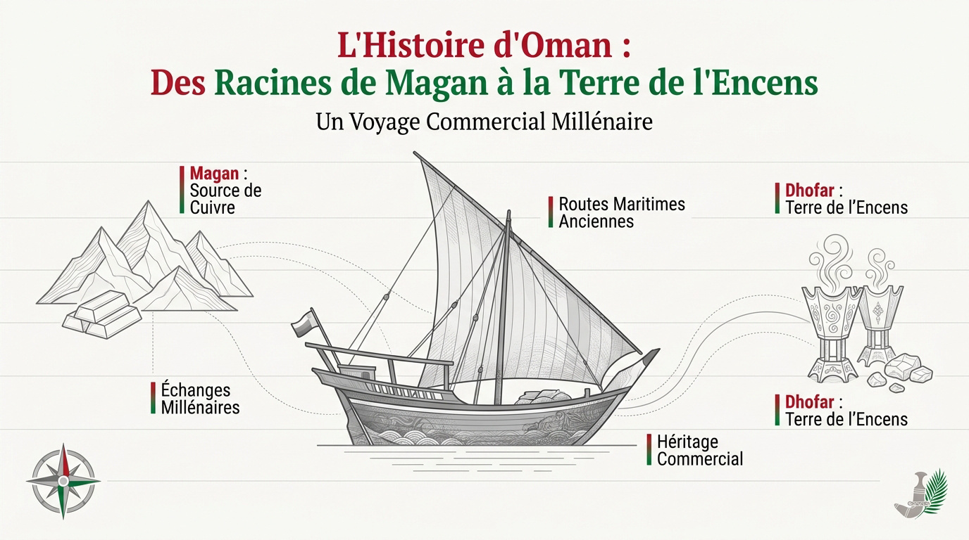 Représentation historique du commerce antique à Oman avec des navires et des caravanes d'encens