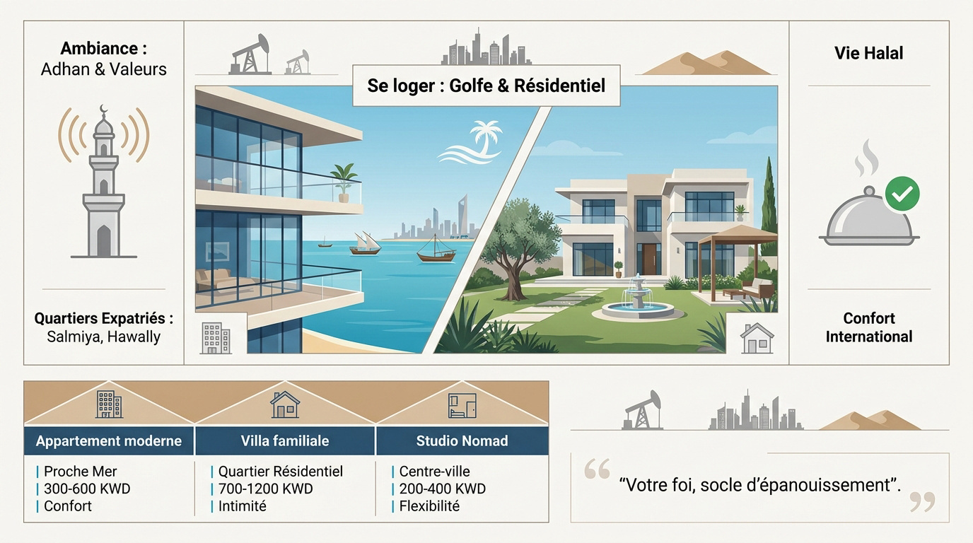 Vue sur les quartiers résidentiels côtiers du Koweït avec mosquée à proximité
