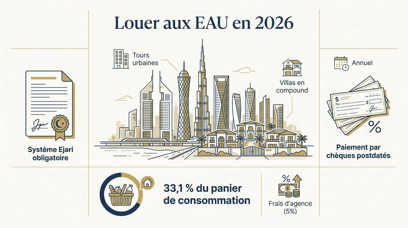 Vue aérienne de complexes résidentiels modernes aux Émirats arabes unis avec tours et villas