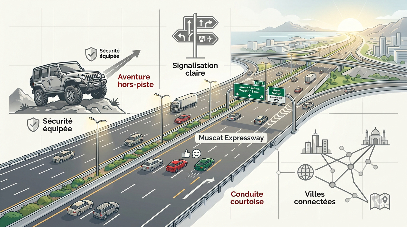Autoroute moderne Muscat Expressway à Oman illustrant la fluidité du transport