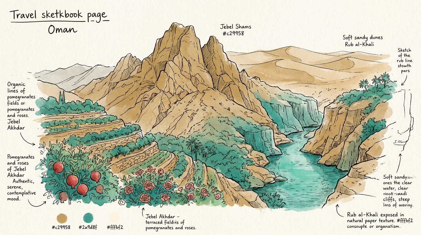 Illustration des montagnes et wadis typiques du Sultanat d'Oman