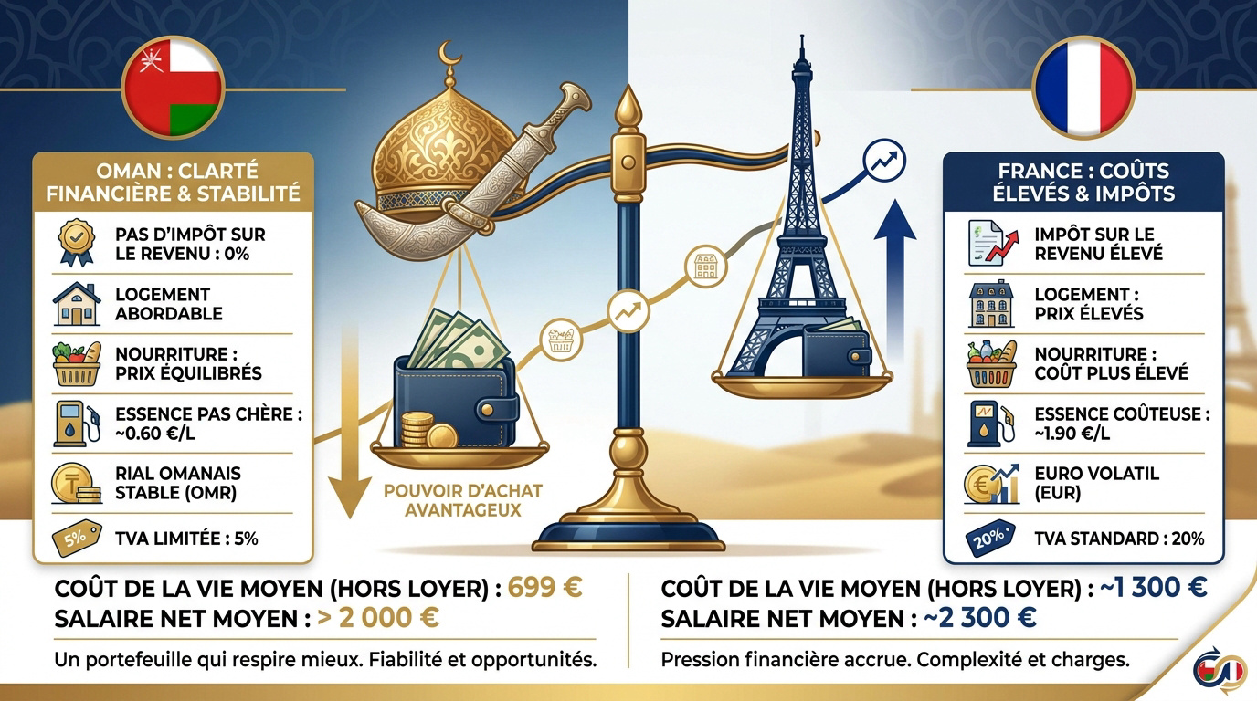 Comparaison du coût de la vie et du pouvoir d'achat entre Oman et la France pour un expatrié