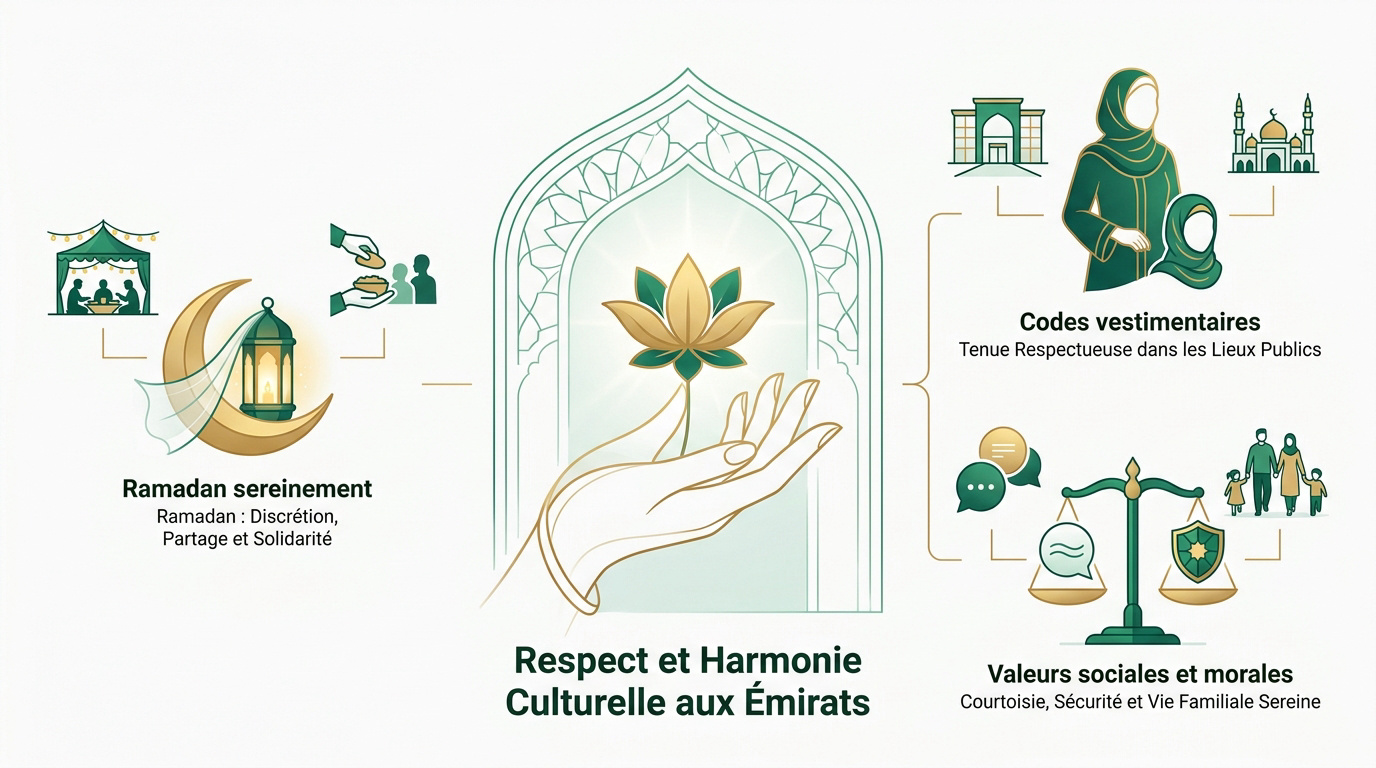 Femmes en abaya et hommes en habit traditionnel échangeant avec respect dans un lieu public aux Émirats