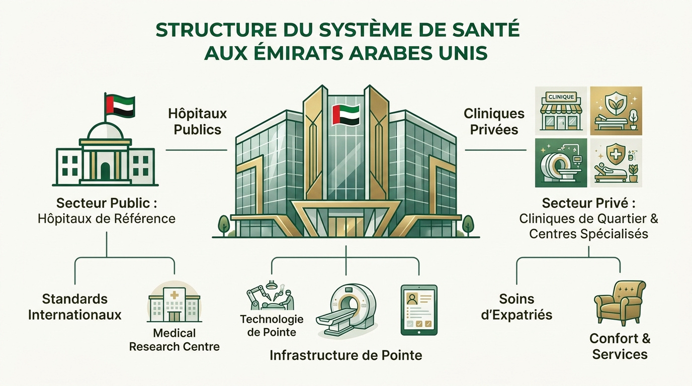 Structure moderne du système de santé aux Émirats arabes unis avec hôpitaux privés et publics