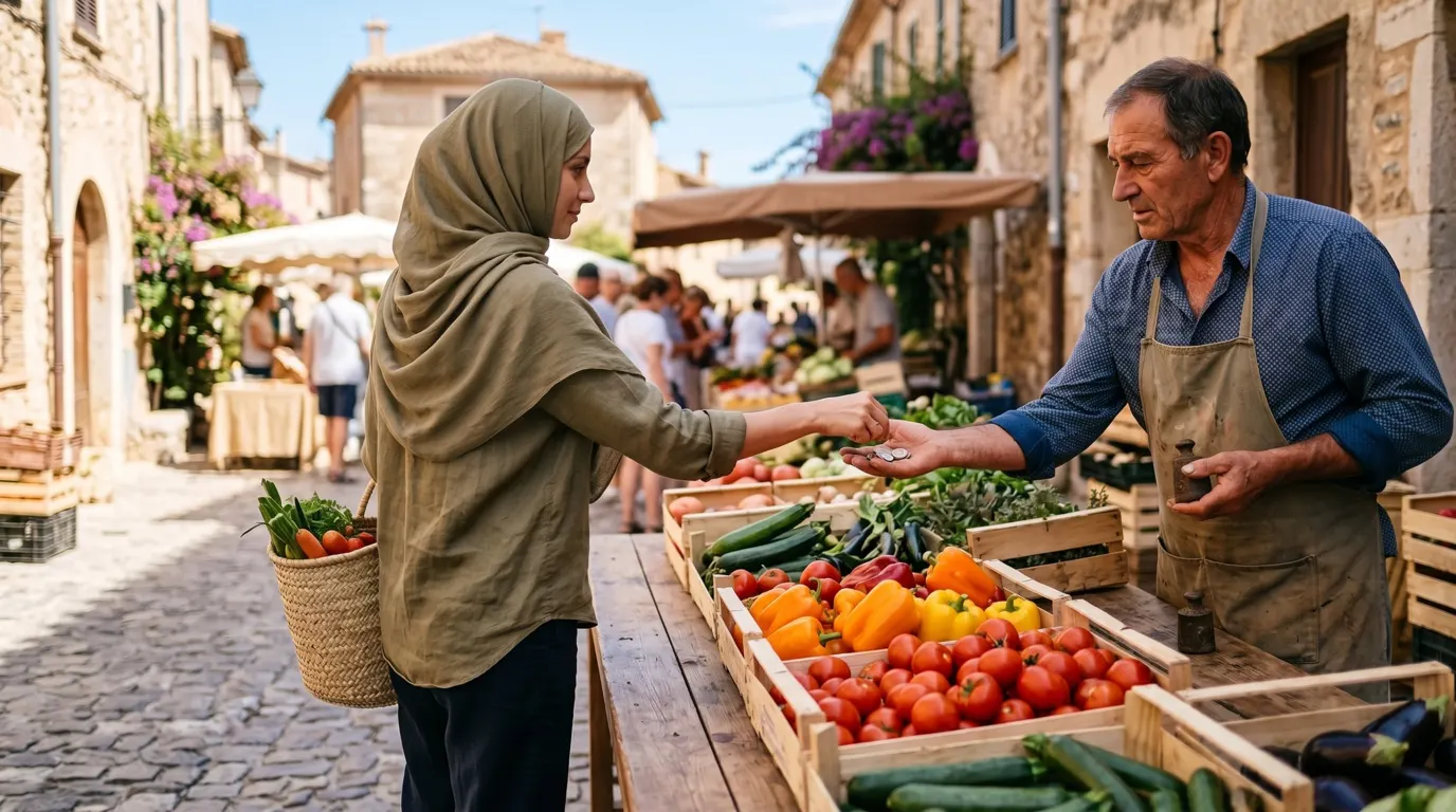 Coût de la vie en Albanie : une femme voilée paie ses légumes frais à un vendeur sur un marché en plein air