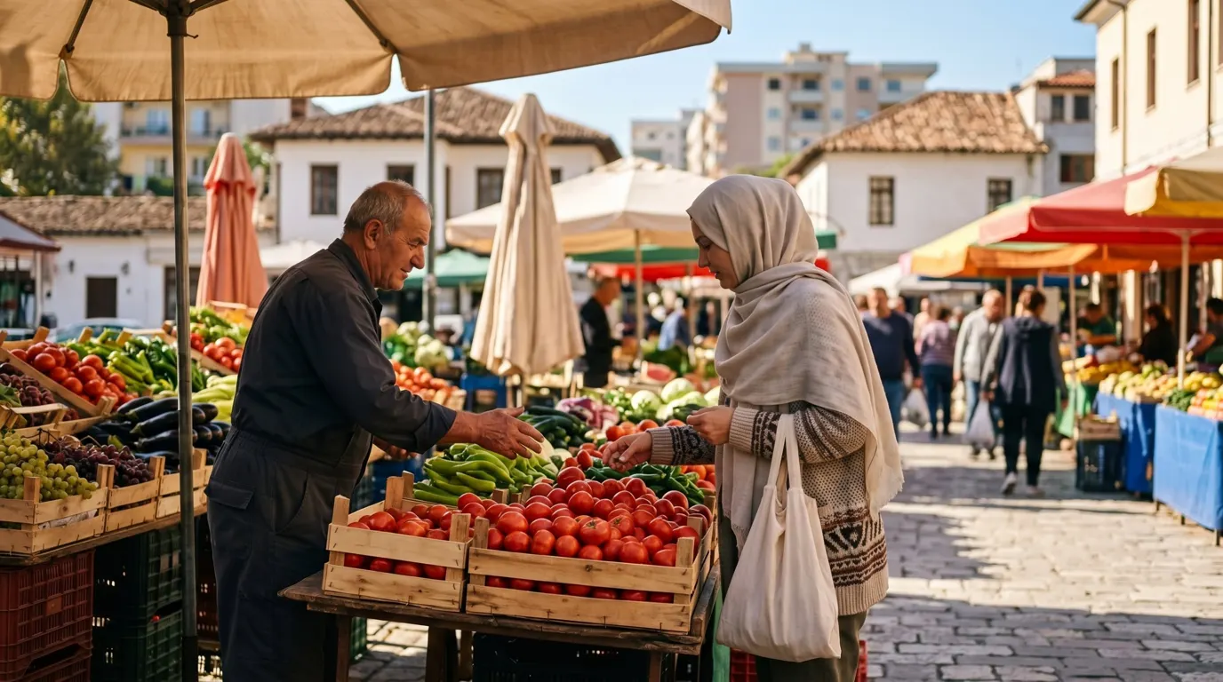 Coût de la vie en Albanie : une femme voilée achète des tomates à un vendeur sur un marché de Tirana